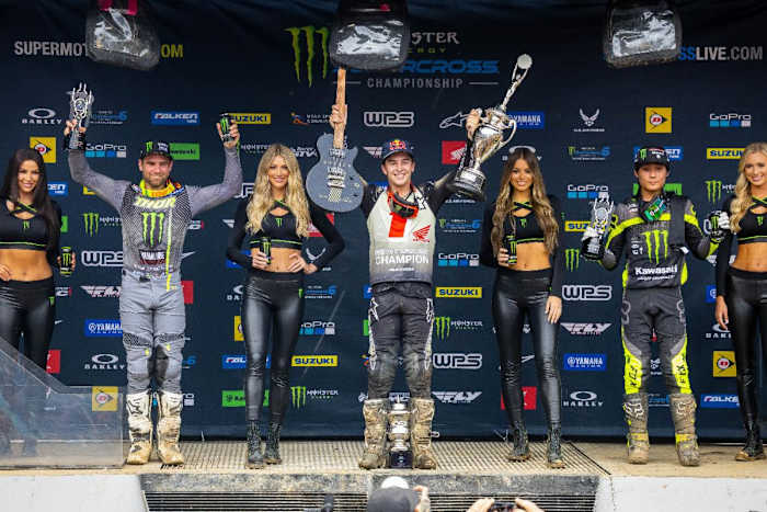 250SX Class podium (riders left to right) Jordon Smith, Hunter Lawrence, and Jo Shimoda. Photo Credit: Feld Motor Sports, Inc.